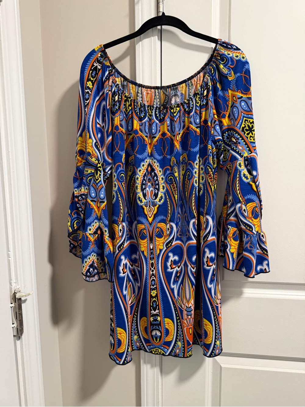 Boutique Bohemian Blue Paisley Off-Shoulder Women's Top